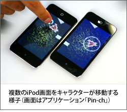 別々のiphone画面をアプリのキャラクターが移動する様子。