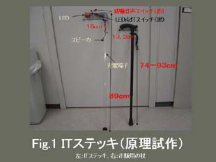 左：充電タイプITステッキ、右：市販用杖